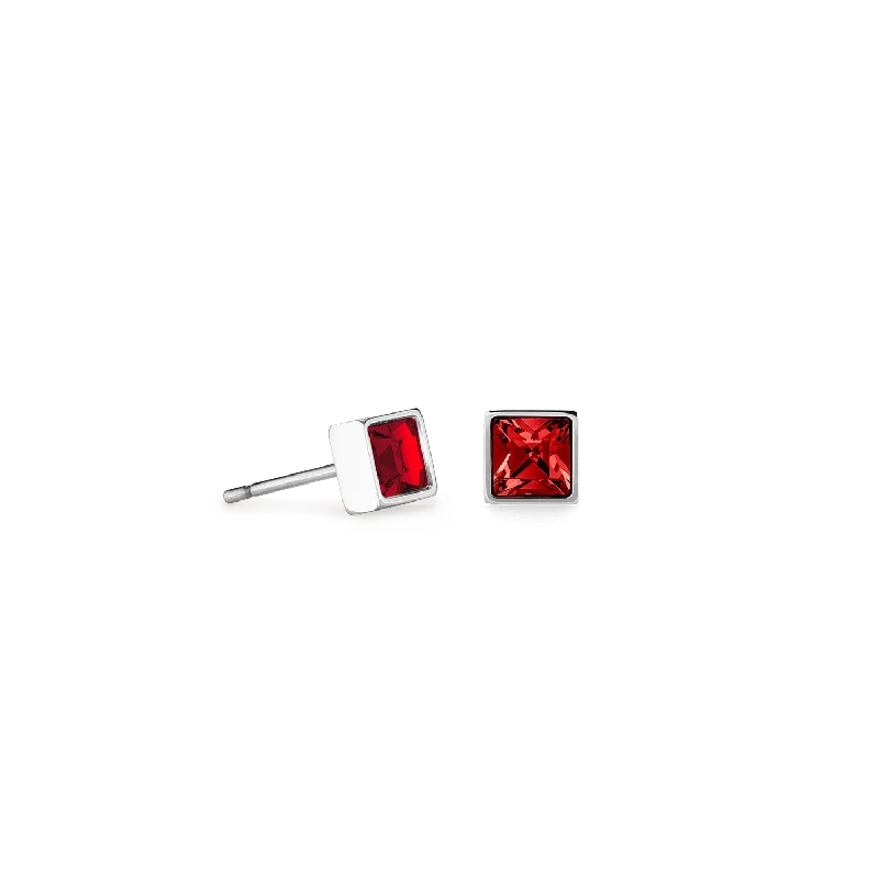 Coeur De Lion Brilliant Square Silver and Red Crystal Stud Earrings