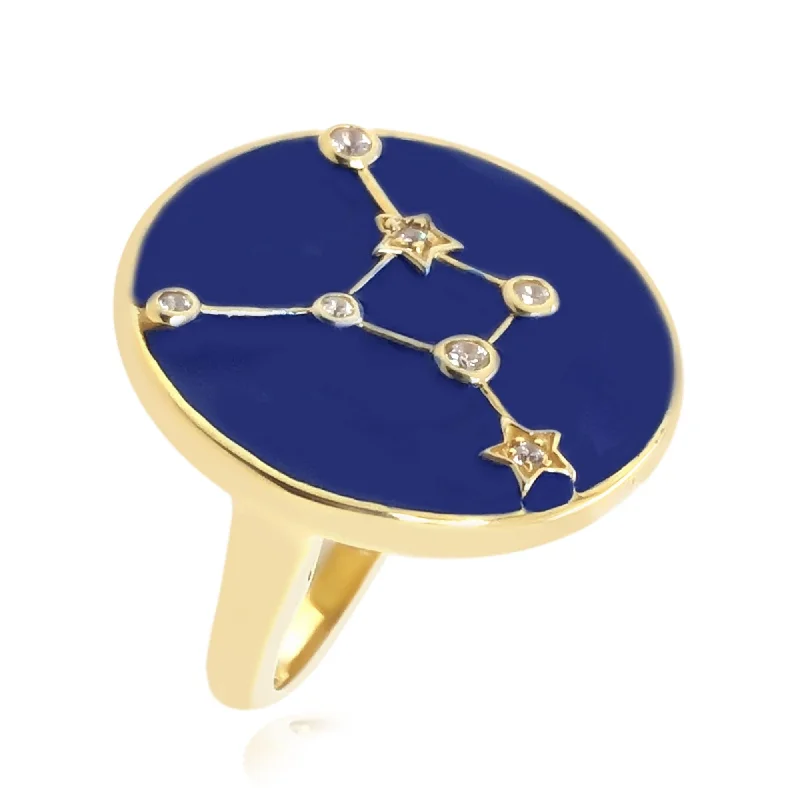 Sterling Silver Over Gold Plated White Zircon With Blue Enamel Cancer Zodiac Signs Ring