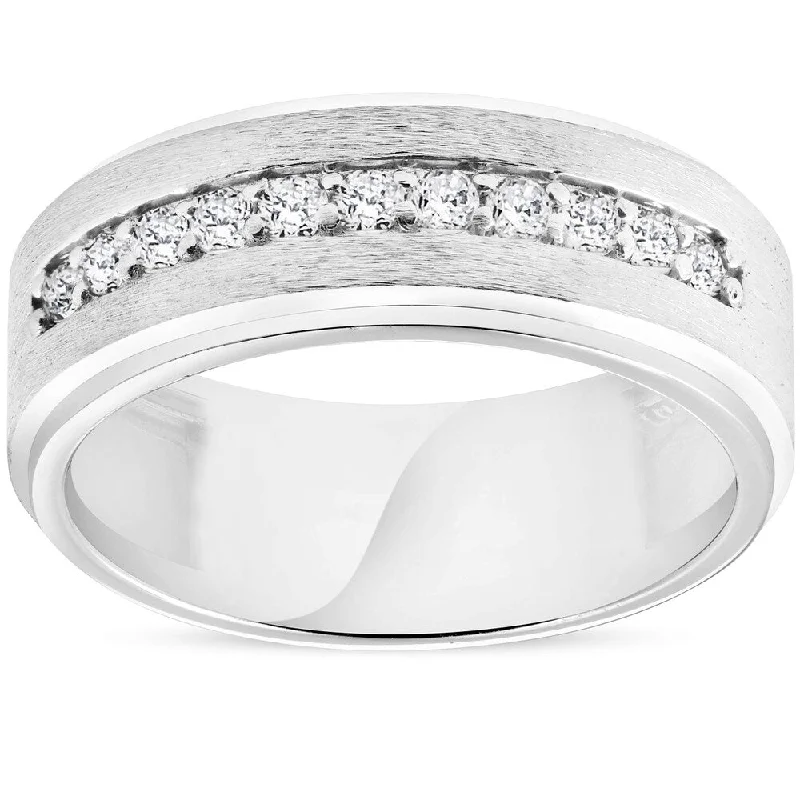 Pompeii3 10k White Gold 3/8ct TDW Diamond Mens Brushed 8MM Diamond Wedding Flat Ring Band