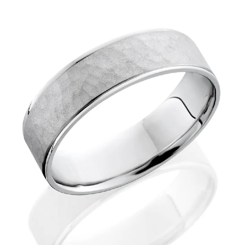 Mens 14K White Gold Flat Hammered Wedding Ring Band