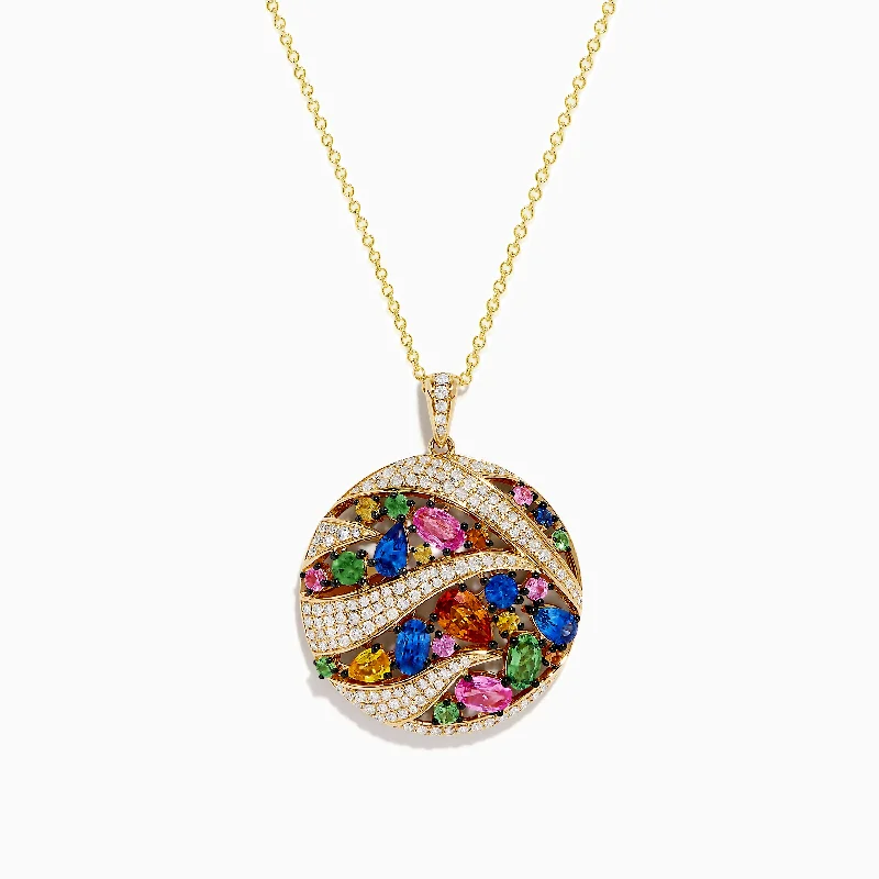 Watercolors 14K Yellow Gold Multi Color Sapphire and Diamond Pendant