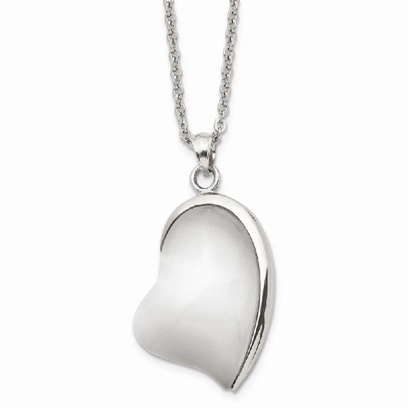 Stainless Steel Polished White Cat's Eye Heart Necklace