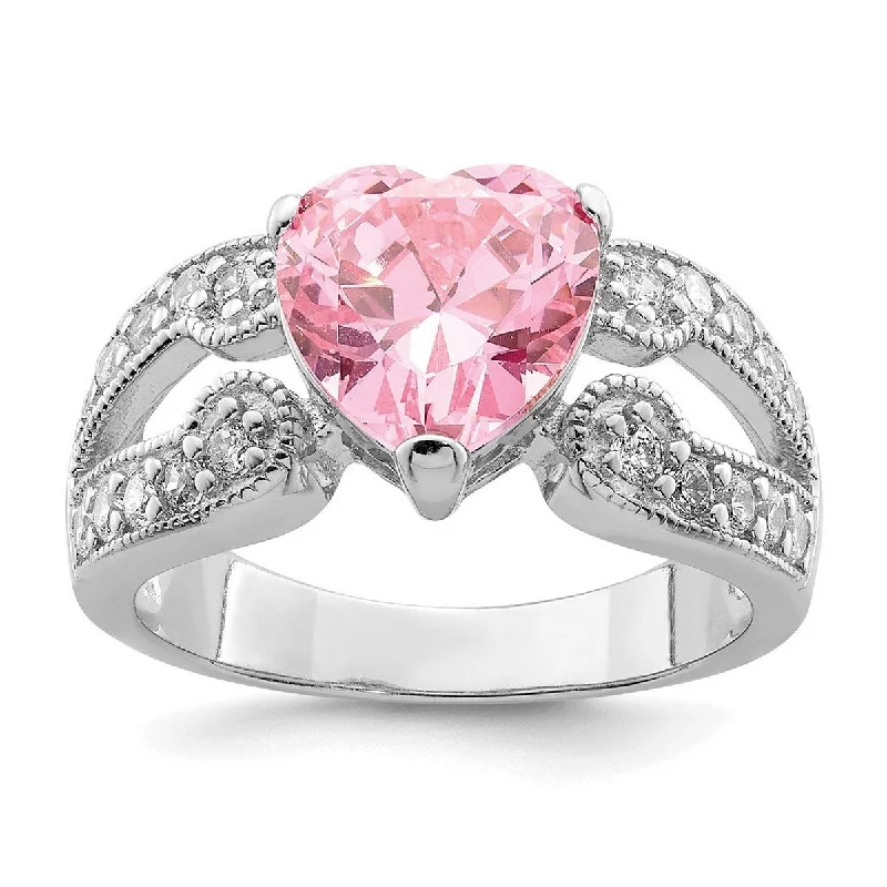 Curata 925 Sterling Silver Polished Open back 10mm Pink and Clear CZ Cubic Zirconia Simulated Diamond Love Heart Ring