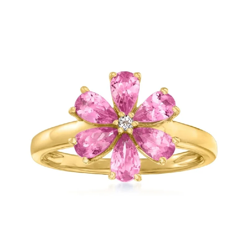 14k Yellow Gold Over Sterling Silver Pink Tourmaline and White Zircon Gemstone Flower Rings