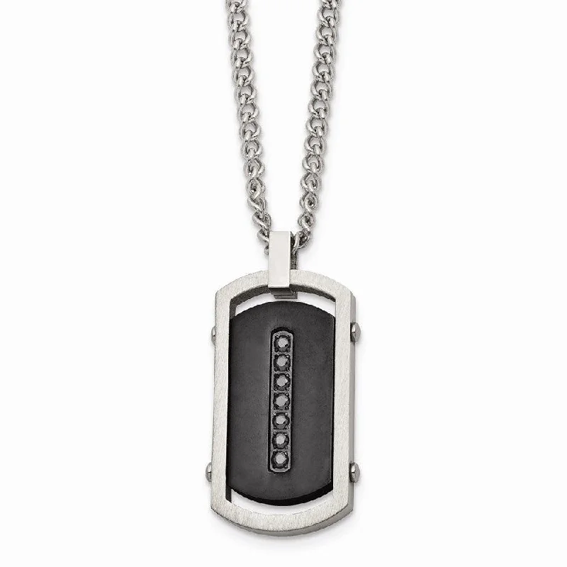 Stainless Steel Brushed/Polished Black IP Center Black CZ Tag Necklace