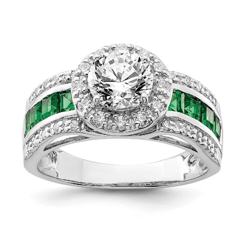 Curata 925 Sterling Silver Polished Open back CZ Cubic Zirconia Simulated Diamond and Labcreated Emerald Ring