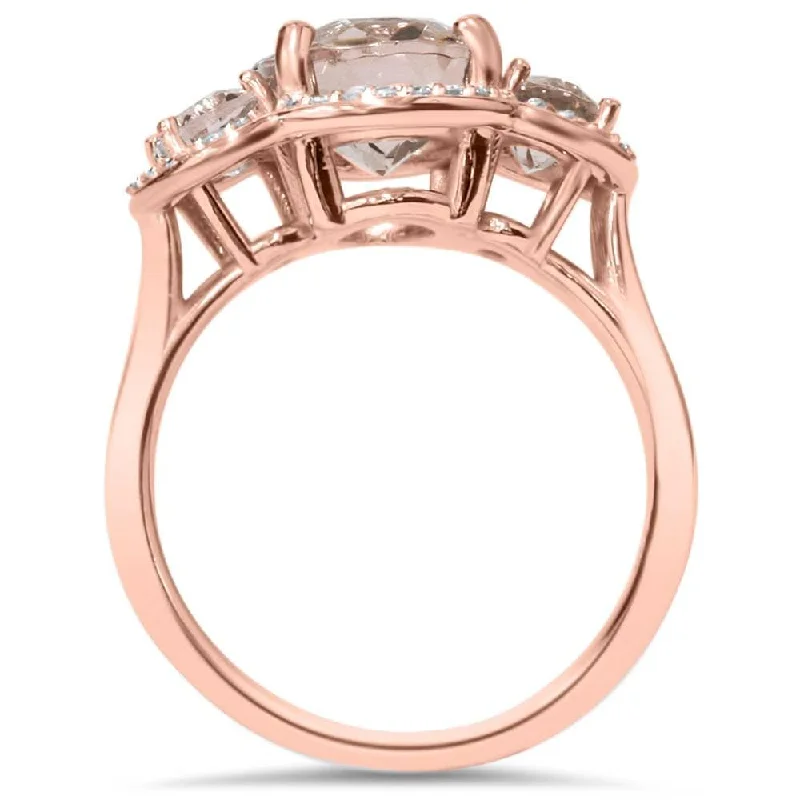 2 3/4ct Morganite 3 Stone Diamond Oval Halo Ring Rose Gold