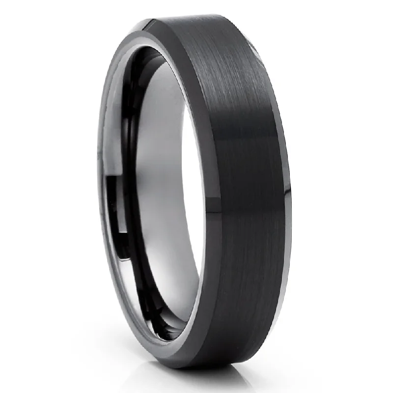 Black Tungsten Carbide Wedding Ring 6Mm Comfort Fit Gunmetal Beveled Edge