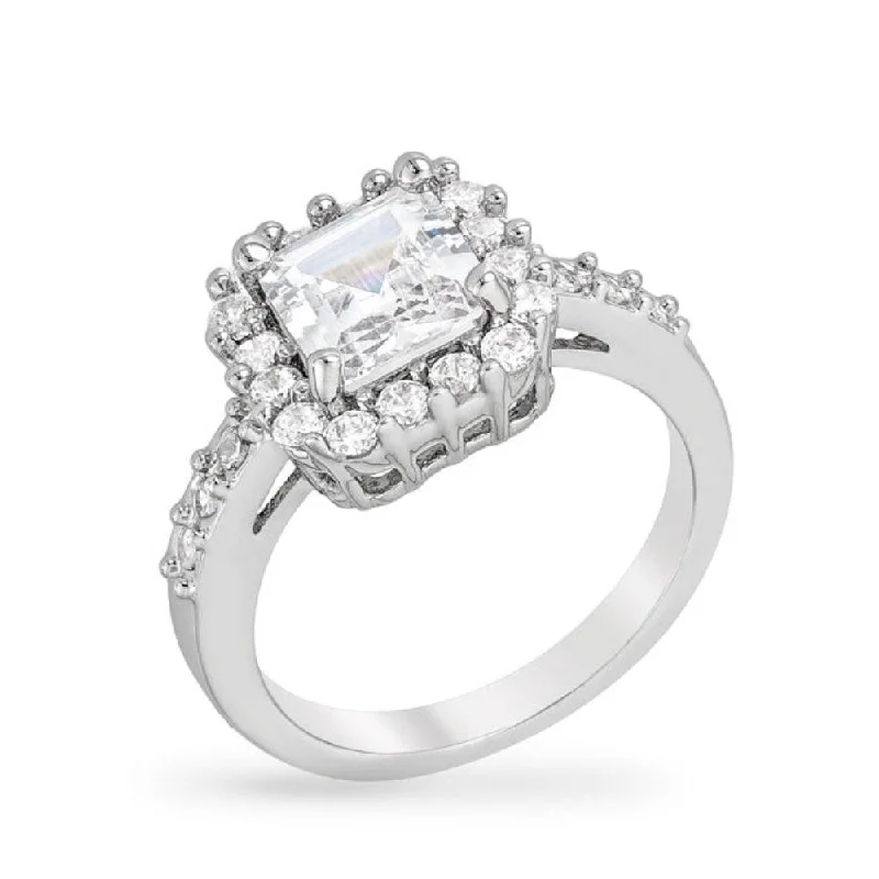 Clear Pave Asscher Ring Rhodium Finish, Dazzling Round Stones