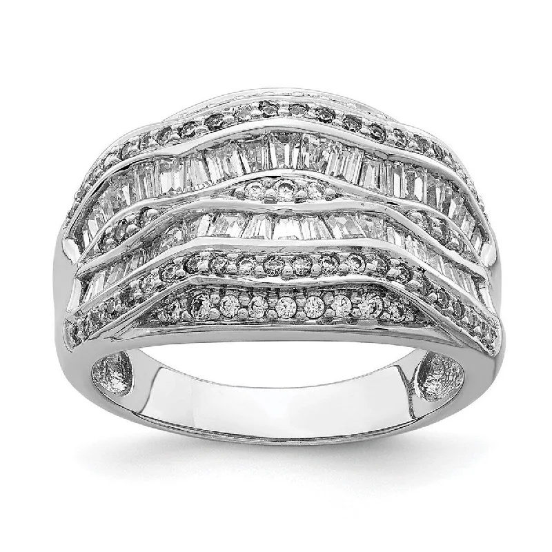 Curata 925 Sterling Silver Rhodium Plated Fancy CZ Cubic Zirconia Baguette Ring