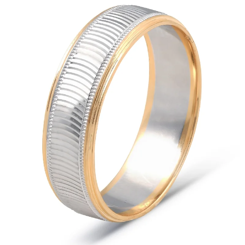 14k Gold Mens 6mm Two Tone Wave Cut Ring Wedding Band