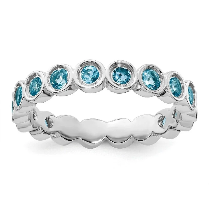 Curata 925 Sterling Silver Bezel Polished Patterned Stackable Expressions Blue Topaz Ring