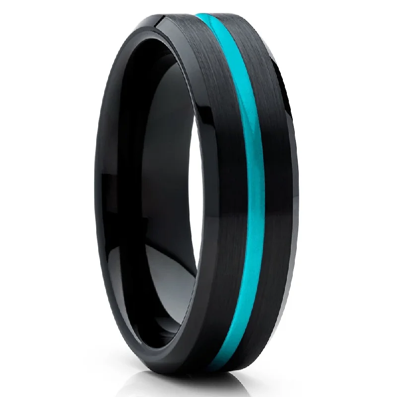 Turquoise Inlay Black Tungsten Wedding Ring 6Mm Comfort Fit Tungsten Carbide