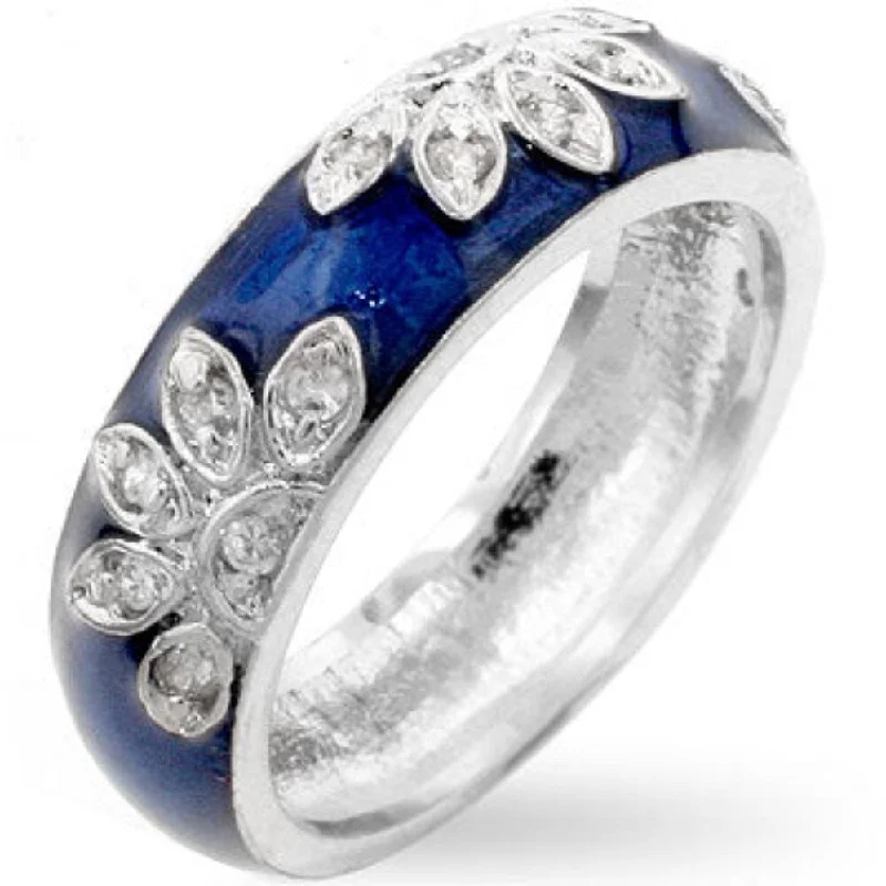 Blue Rhodium Enamel Cubic Zirconia Leaf Ring