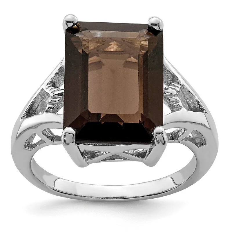 Curata 925 Sterling Silver Polished Open back Rhodium Smokey Quartz Ring