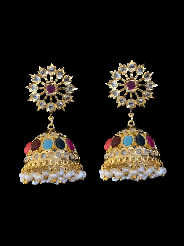 Hyderabadi fresh water pearl jhumka -navratan  ( READY TO SHIP )