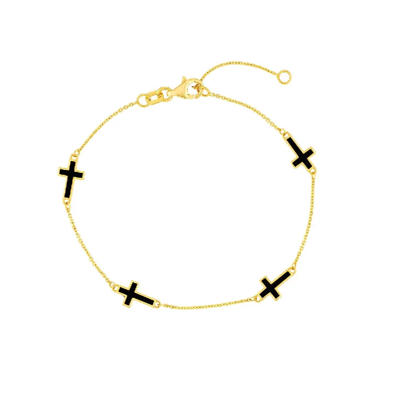 14K Yellow Gold Black Enamel Crosses Station Bracelet