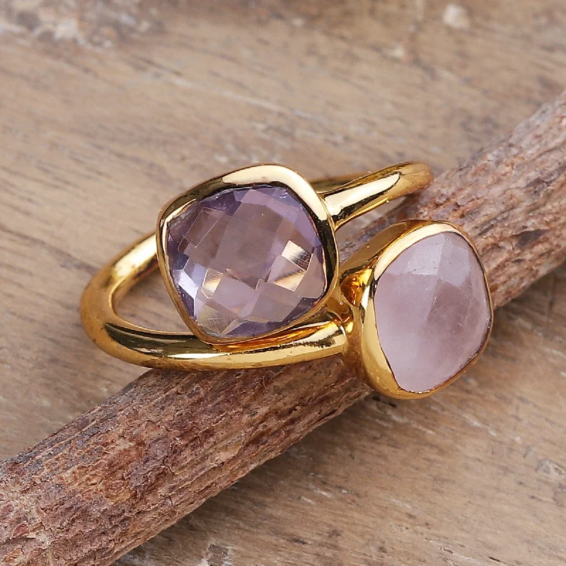 Novica Handmade Duet Of Emotions Gold-Plated Amethyst And Rose Quartz Wrap Ring