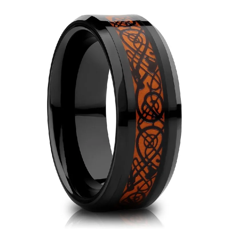 Dragon Tungsten Carbide Wedding Ring 8Mm Orange Inlay Cobalt Free Comfort Fit