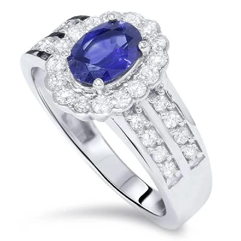 1 1/2ct Oval Sapphire Diamond Halo Ring White Gold