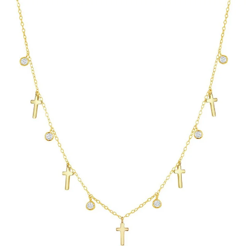 Classic Women's Necklace - Alternating GP Cross and Bezel-Set CZ | M-6802-GP