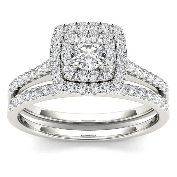 De Couer IGI Certified 10k Gold 3/4ct TDW Diamond Double Halo Bridal Ring Set