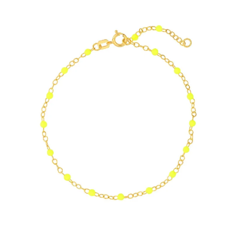 14K Yellow Gold Neon Yellow Enamel Bead Piatto Chain Bracelet