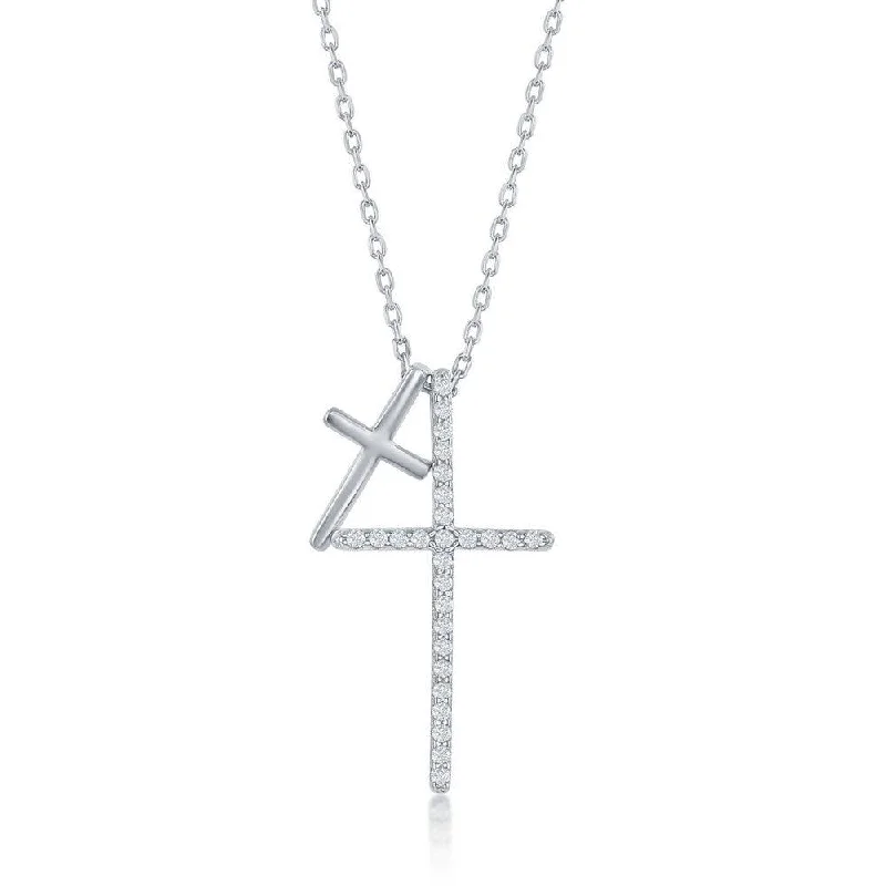 Sterling Silver Double Cross Cubic Zirconia Necklace