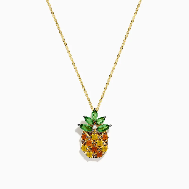 14K Yellow Gold Multi Sapphire Tsavorite and Diamond Pinapple Pendant