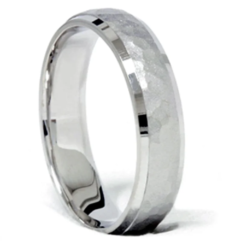 14K White Gold Hammered Comfort Fit Wedding Ring Band