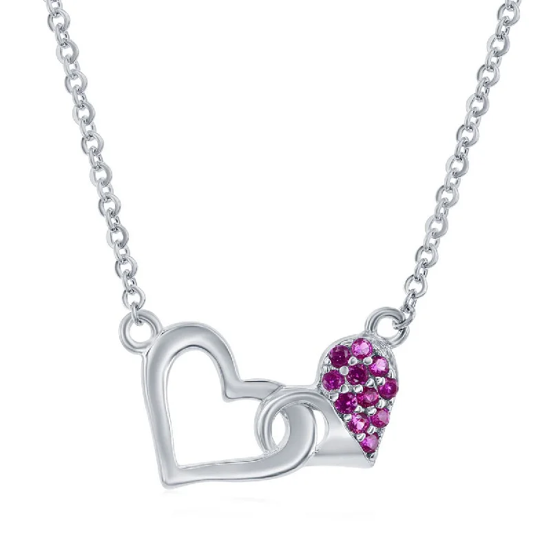 Classic Women's Necklace - Sterling Silver Pink CZ Double Heart | M-6879