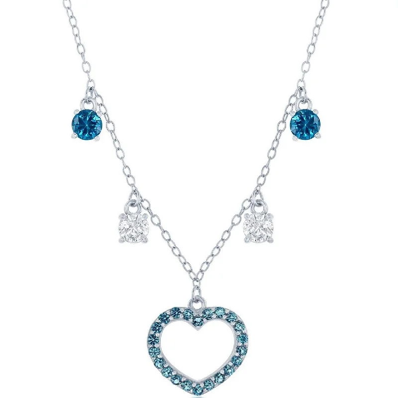 Classic Women's Necklace - Sterling Silver Station White and Blue CZ Heart | M-6942