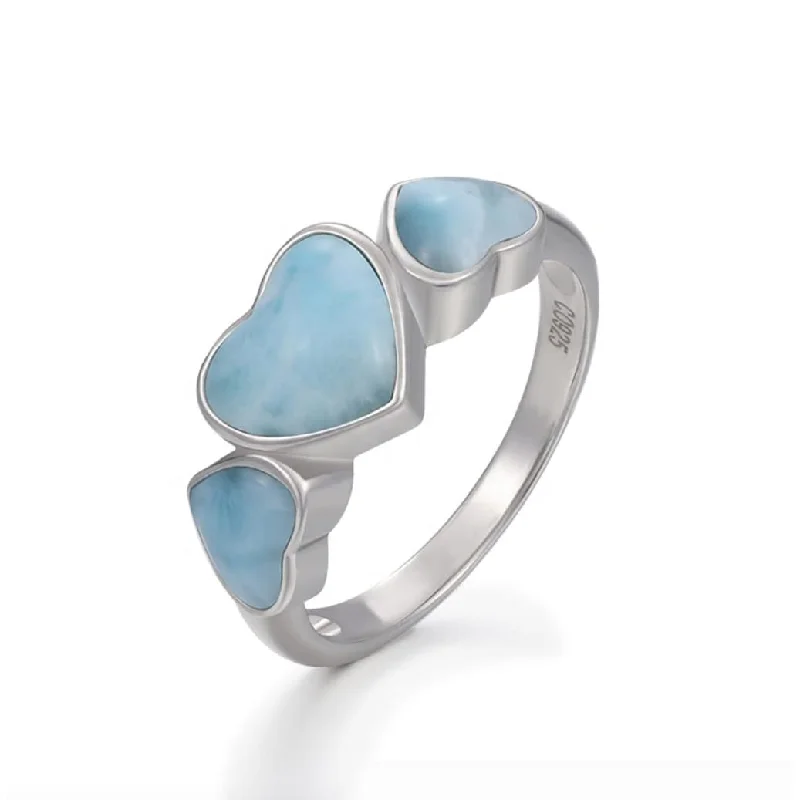 Sky Blue Larimar & Sterling Silver Triple-Heart Ring