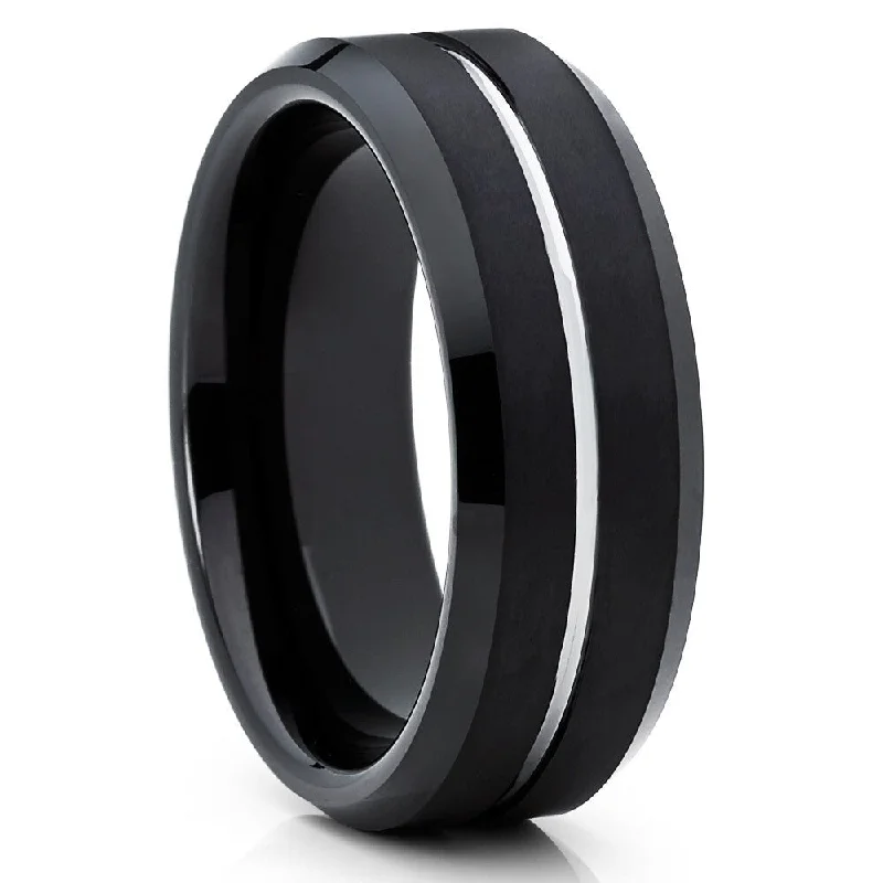 Black Tungsten Carbide Wedding Ring 8Mm Silver Groove Comfort Fit Cobalt Free