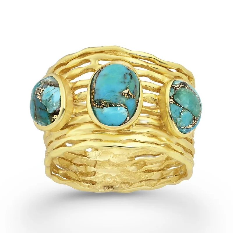 Sterling Silver 18kt Gold Plated Multi-Band Triple Turquoise Oval Statement Ring