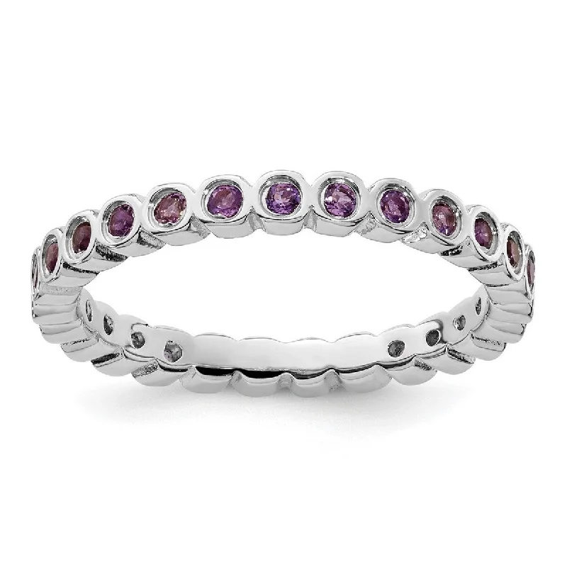 Curata 925 Sterling Silver Bezel Polished Patterned Stackable Expressions Amethyst Ring