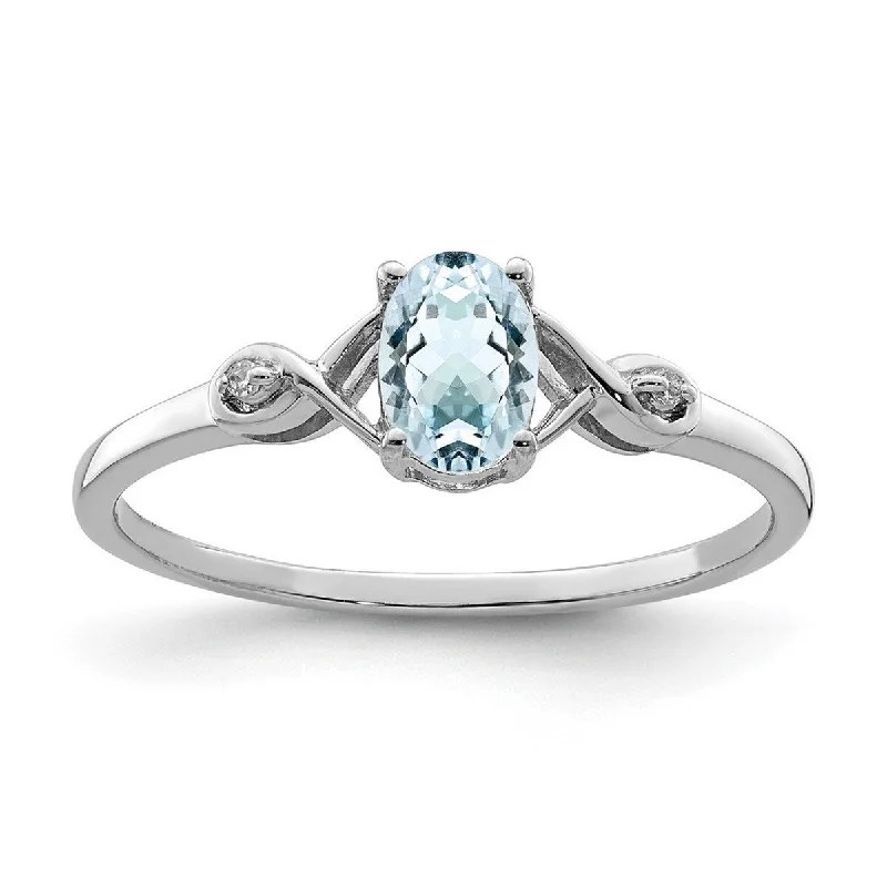 Curata 925 Sterling Silver Polished Open back Rhodium Plated Diamond and Aquamarine Oval Ring