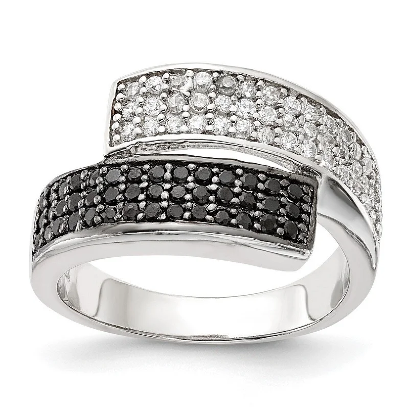 Curata 925 Sterling Silver Open back Rhodium Black and Clear CZ Cubic Zirconia Simulated Diamond Overlapping Ring