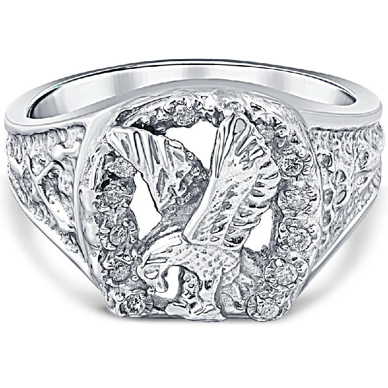 Mens Diamond American Eagle Ring 10K White Gold