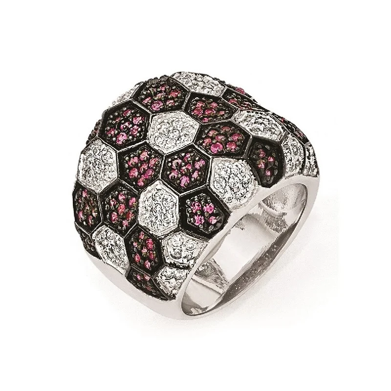 Curata 925 Sterling Silver and Black Rhodium Simulated Ruby And Cubic Zirconia Ring