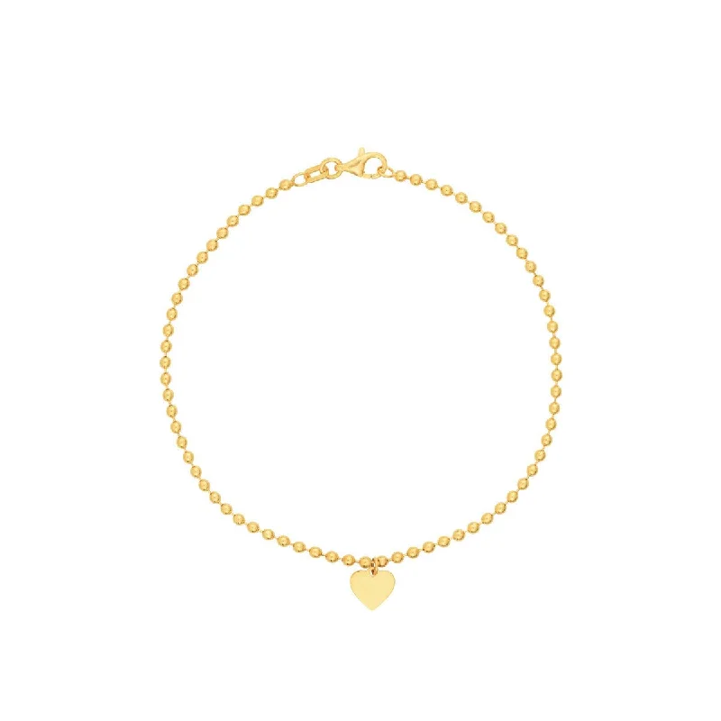 14K Yellow Gold 2.00mm Beaded Chain w/Dangle Heart Bracelet