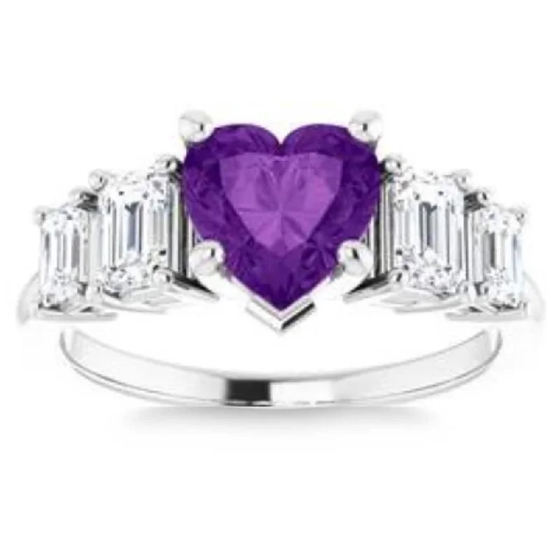 7mm Amethyst Five-Stone Diamond Heart Shape Ring in White or Yellow Gold