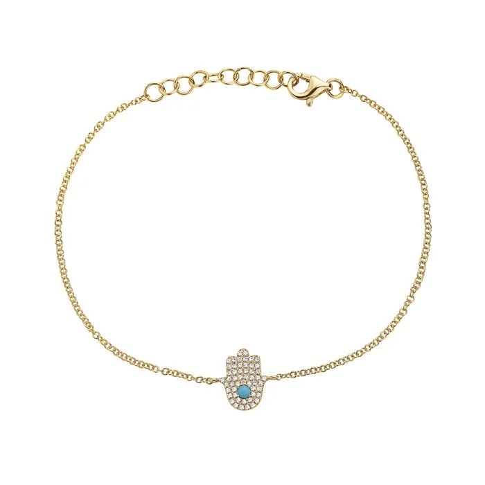 14K Yellow Gold Turqoise And Diamond Hamsa Bracelet