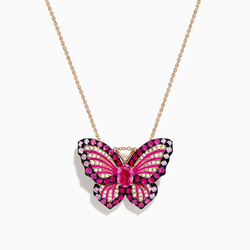 Nature 14K Rose Gold Pink Sapphire Ruby and Diamond Butterfly Pendant