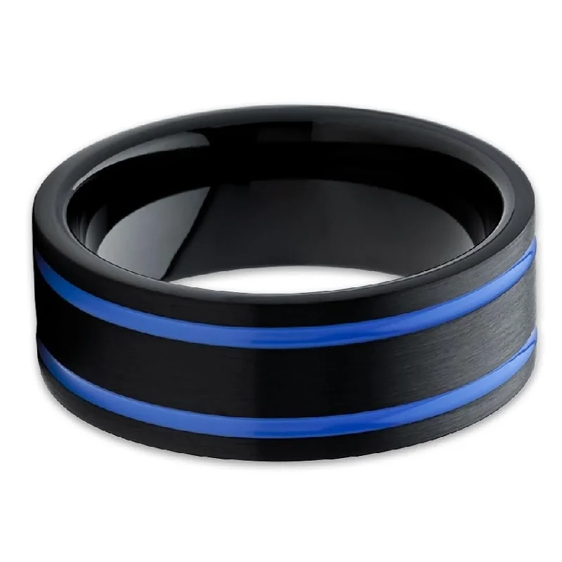 Black Tungsten Wedding Ring 8Mm Comfort Fit With Blue Inlay Cobalt Free