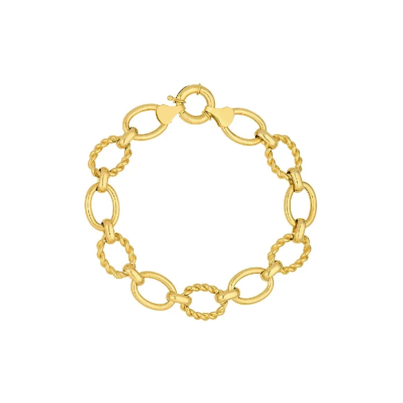 14K Yellow Gold Polished And Textured Oval Link Bracelet