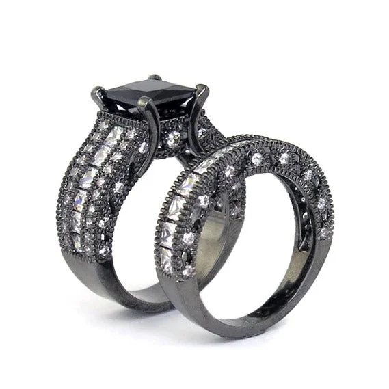 Black Rhodium Plated Bridal Ring and Band Set