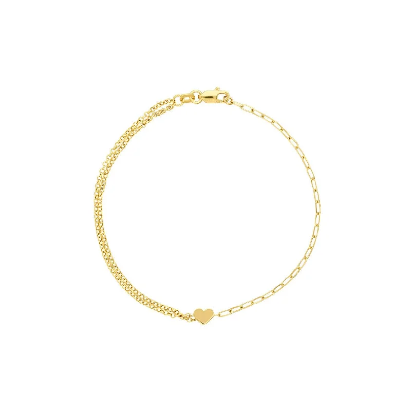 14K Yellow Gold 50/50 Paper Clip + Double Rolo Heart Bracelet