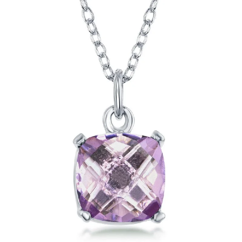 Sterling Silver 'June Birthstone' Square Pink Amethyst Necklace