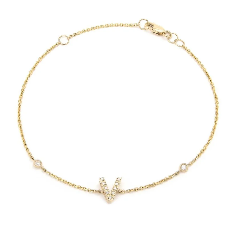 14K Gold Initial "V" Bracelet With Diamonds